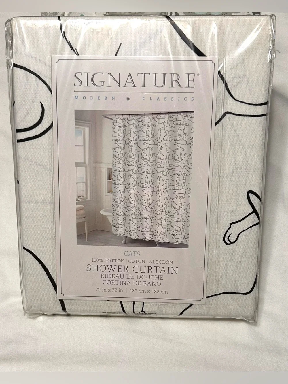 Signature Modern Classics Cats Black and White Cotton Shower Curtain New NWT